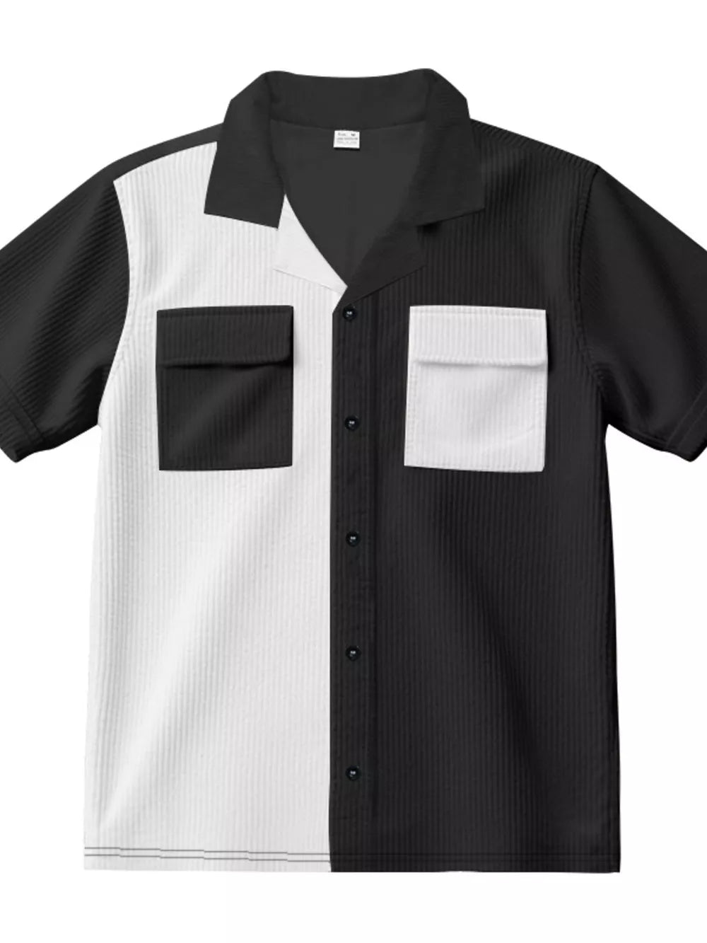 Two-tone black and white textured short sleeve button-down shirt with two chest pockets.