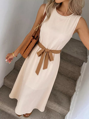 Cream A-line midi dress with pearl neckline and brown sash belt