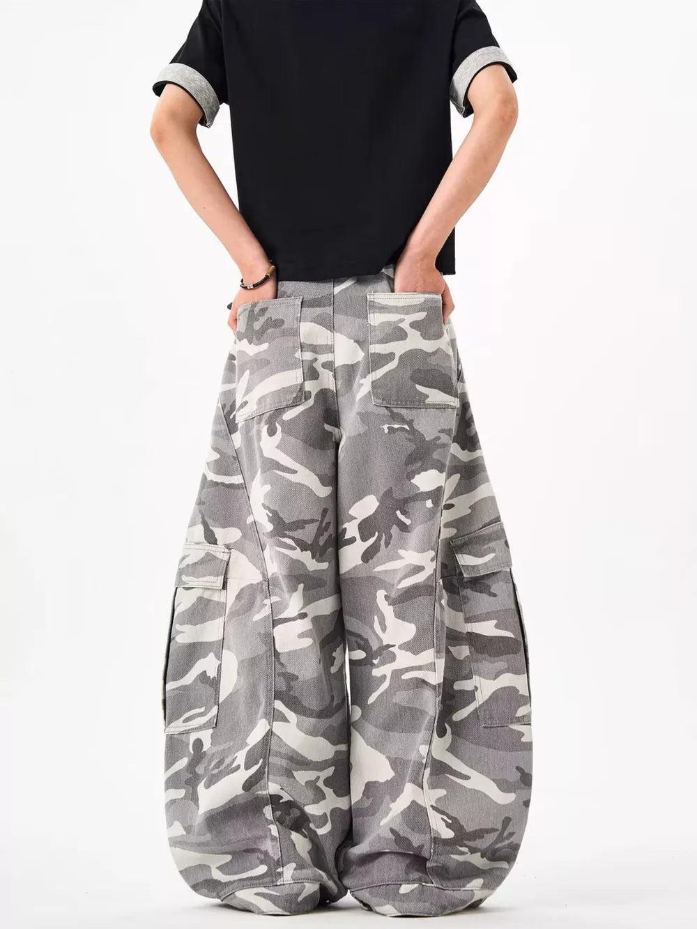 Urban camo oversized cargo sweatpants with multiple pockets and a relaxed fit.