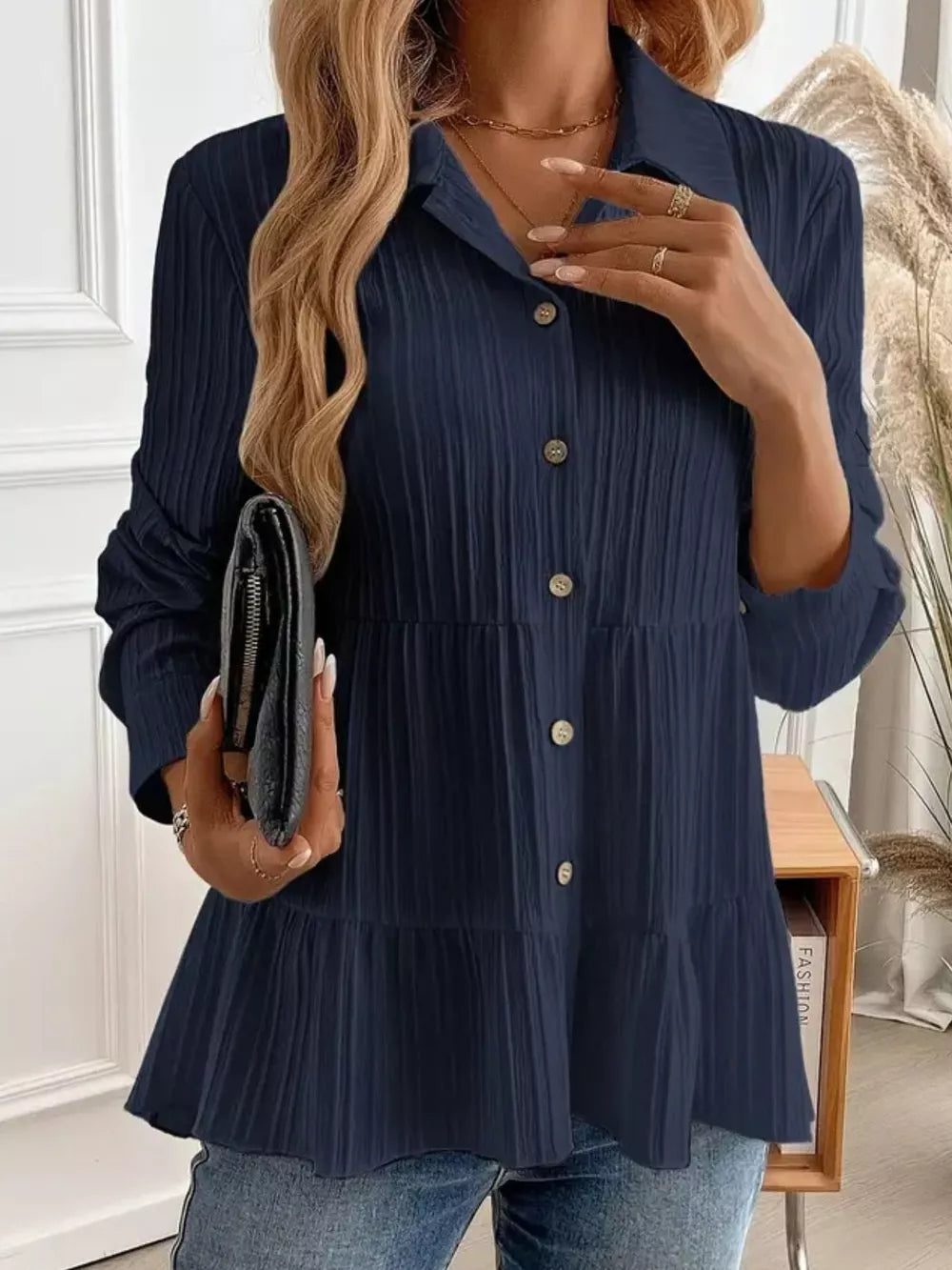 Dark Blue Textured Tiered Button-down Shirt with crinkled fabric and button details.