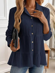 Dark Blue Textured Tiered Button-down Shirt with crinkled fabric and button details.