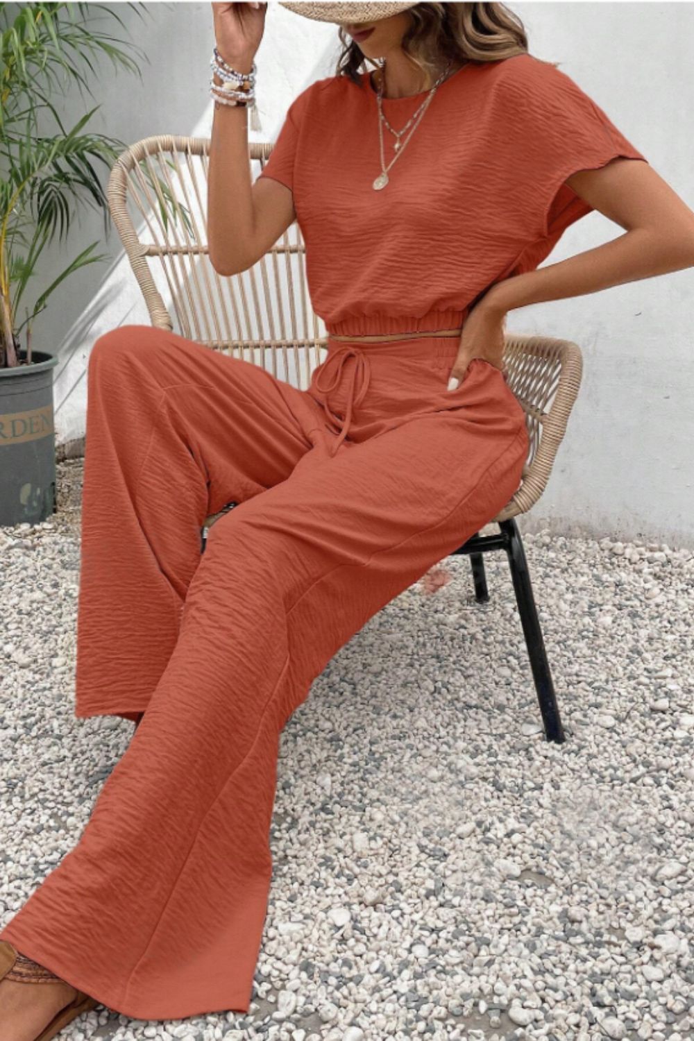 Rust textured crop top and wide-leg trousers set with drawstring waist