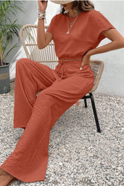 Rust textured crop top and wide-leg trousers set with drawstring waist