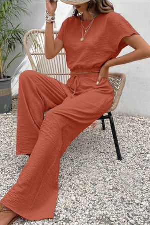 Rust textured crop top and wide-leg trousers set with drawstring waist