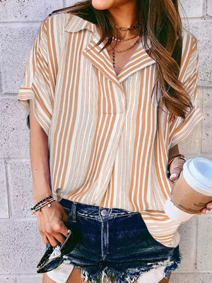 Orange Stripe collared half sleeve shirt with decorative button detail.