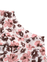 Charming floral tie-neck ruffle shirt with pink and brown flowers on white fabric.
