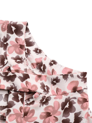 Charming floral tie-neck ruffle shirt with pink and brown flowers on white fabric.