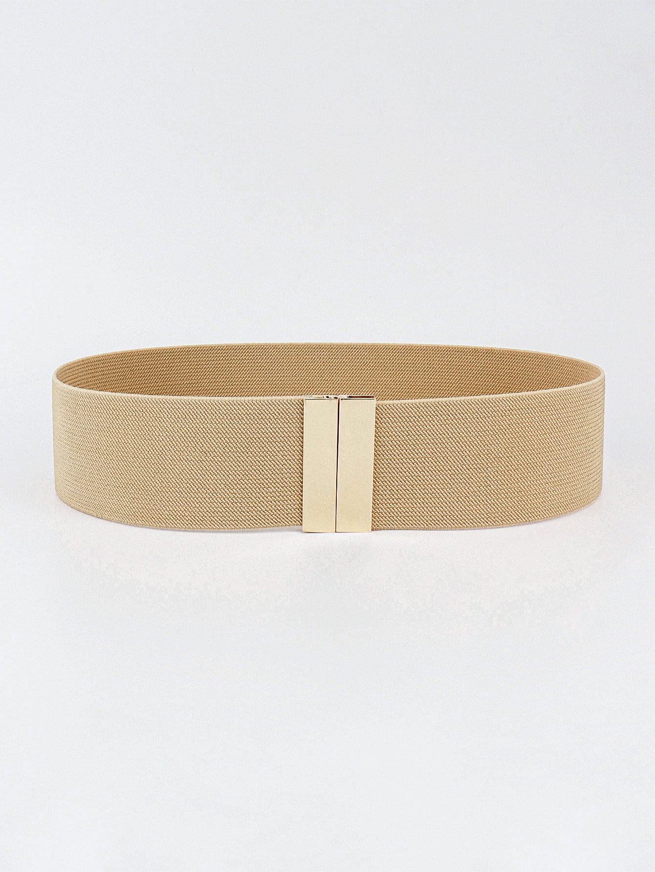 Tan elastic belt with a gold-tone clasp closure