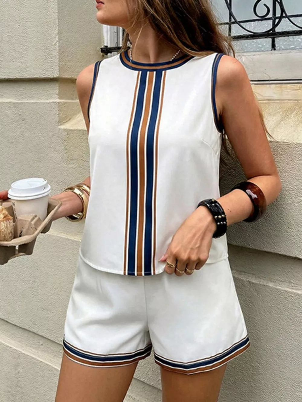 Chic Striped Two-piece Set With Pockets