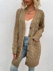 Tan cable knit button-down cardigan with pockets, 100% acrylic
