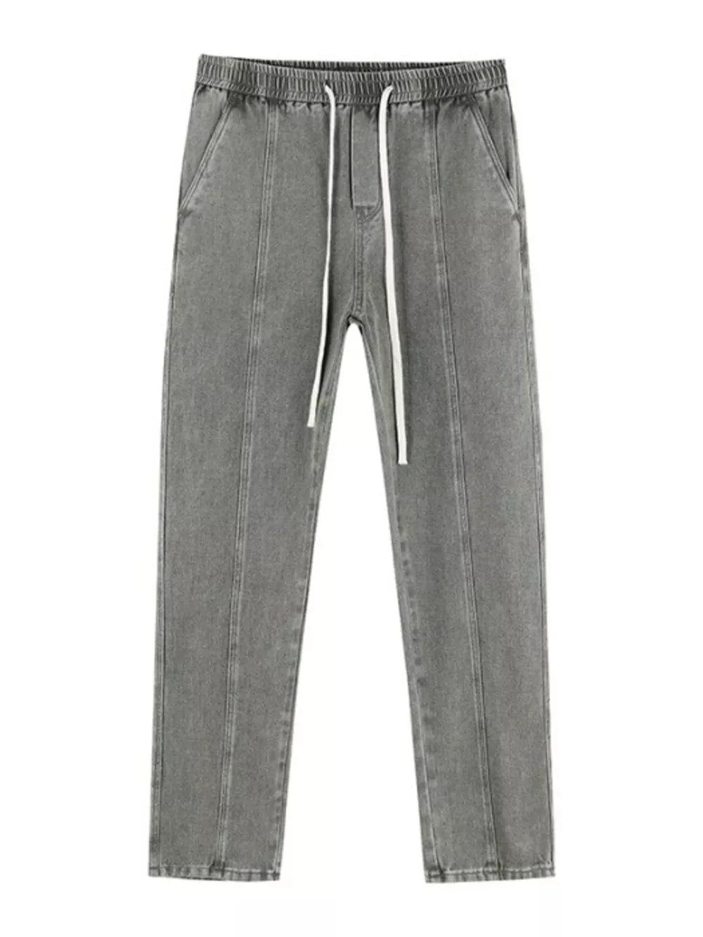 Relaxed fit grey cotton jeans with drawstring and front seams.