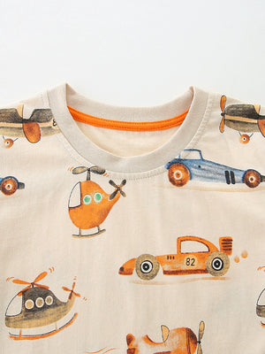 Baby t-shirt with playful vehicle print, orange trim neckline, cotton.