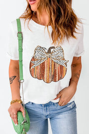 White t-shirt with striped pumpkin graphic and dalmatian print bow detail
