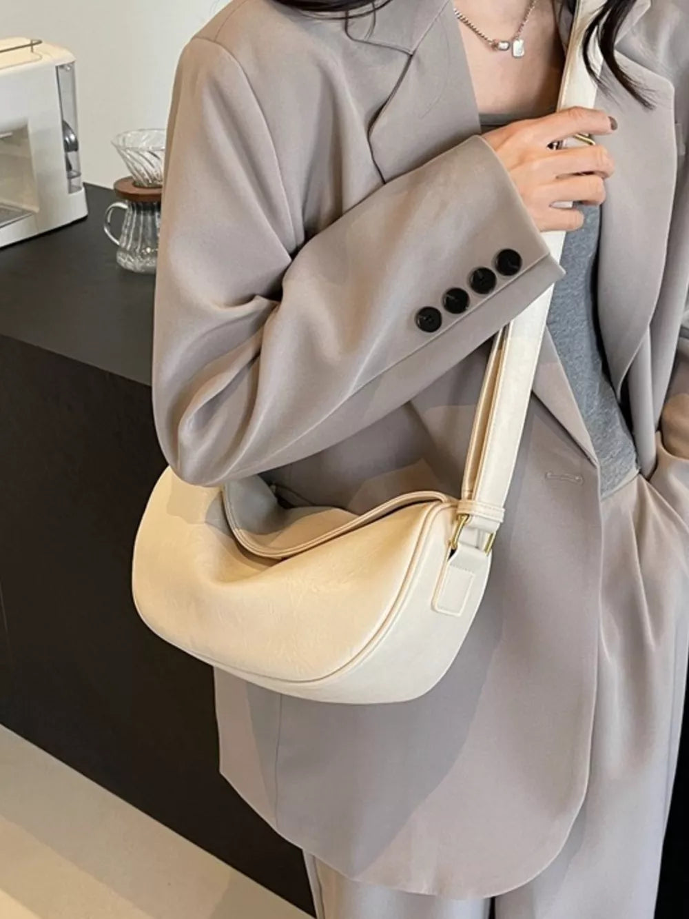Adjustable Strap Crossbody Bag in Black, close-up detail