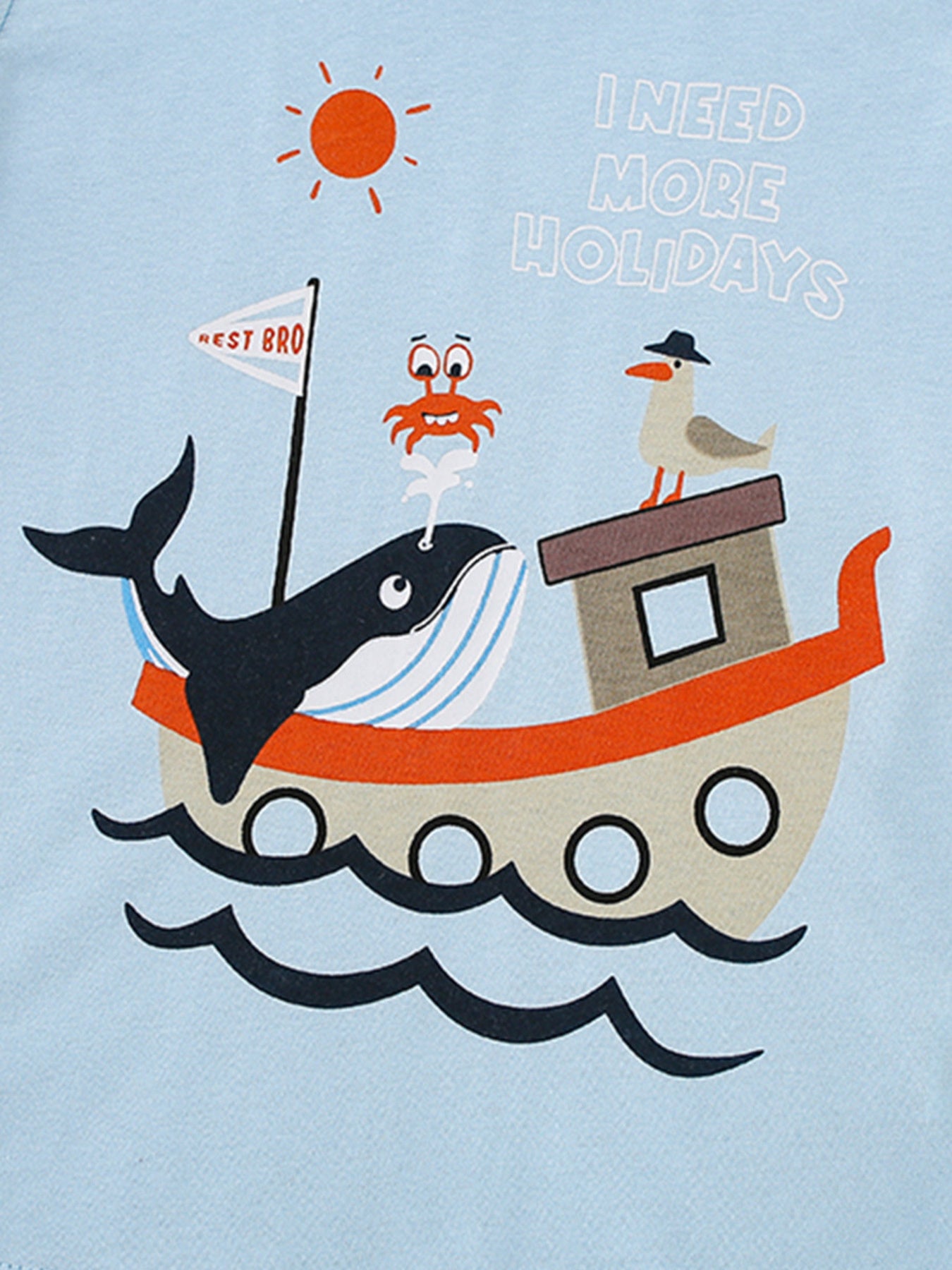 Baby t-shirt with a whimsical sea adventure graphic featuring a whale, crab, seagull, and boat.