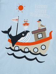 Baby t-shirt with a whimsical sea adventure graphic featuring a whale, crab, seagull, and boat.