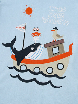 Baby t-shirt with a whimsical sea adventure graphic featuring a whale, crab, seagull, and boat.