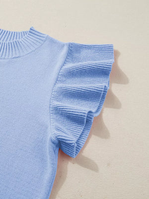 Light blue ribbed knit top with round neck and ruffled short sleeves.
