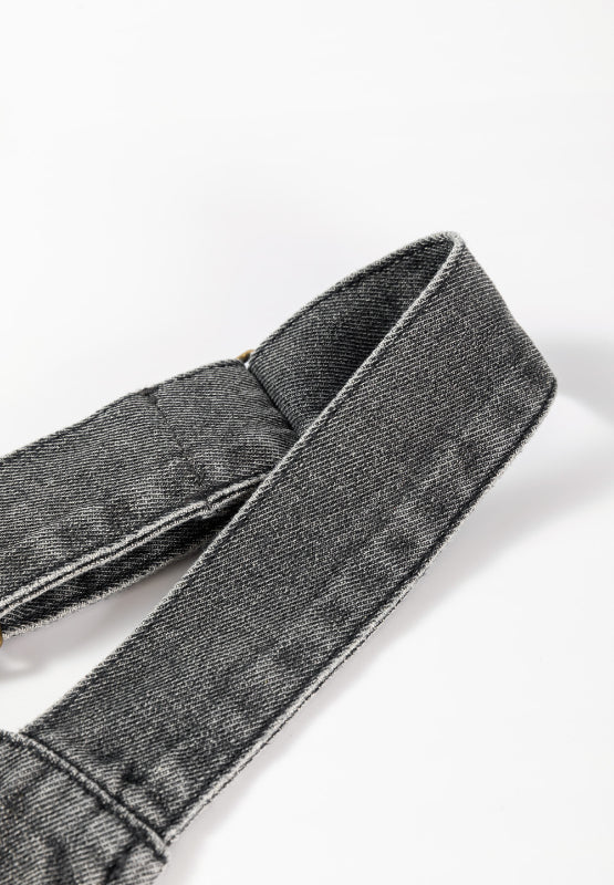 Gray faded denim pinafore dress straps with button detail.