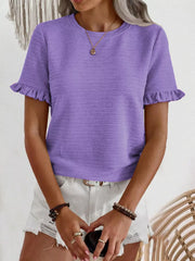 Purple textured t-shirt with ruffle short sleeves and crew neck.