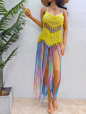 Chartreuse crochet cover-up dress with rainbow fringe and open knit detail.