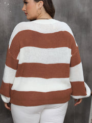 Brown and white wide stripe relaxed knit jumper with crew neck and long sleeves.