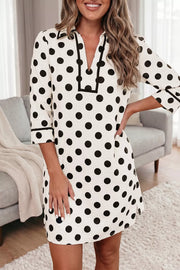 Polka Dot Half Sleeve Collar V Neck Mini Dress, close-up detail