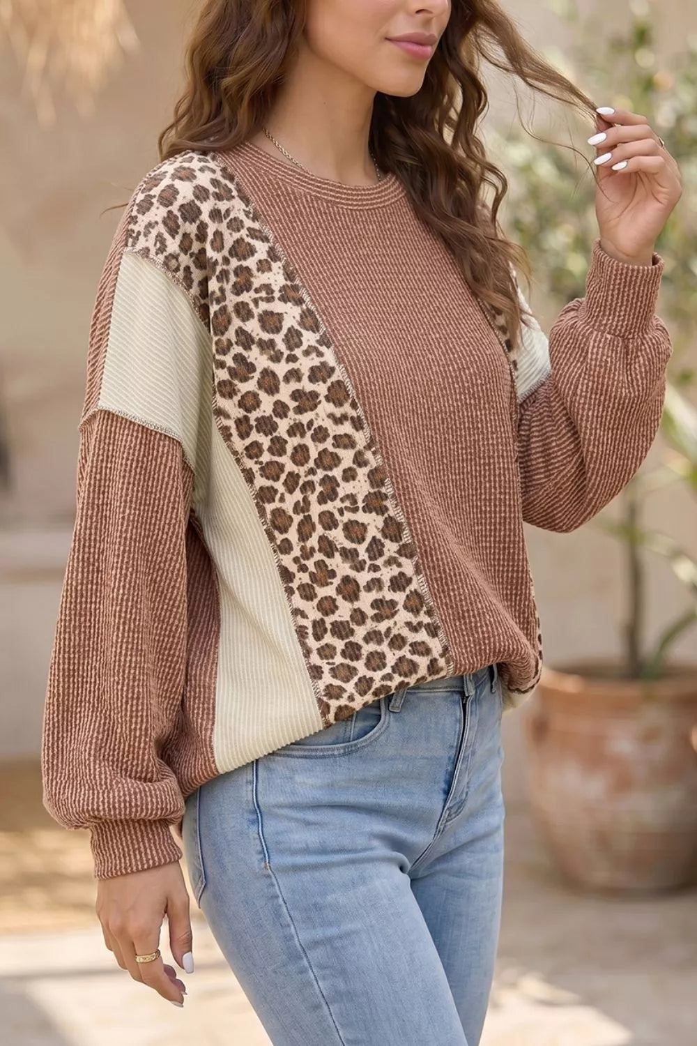 Leopard Print Colorblock Ribbed Knit Blouse, close-up detail