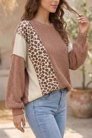 Leopard Print Colorblock Ribbed Knit Blouse, close-up detail