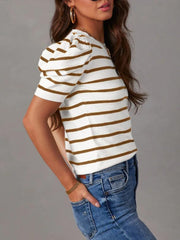 Striped knit tee with puff sleeves in white and camel, crew neck, short sleeves.