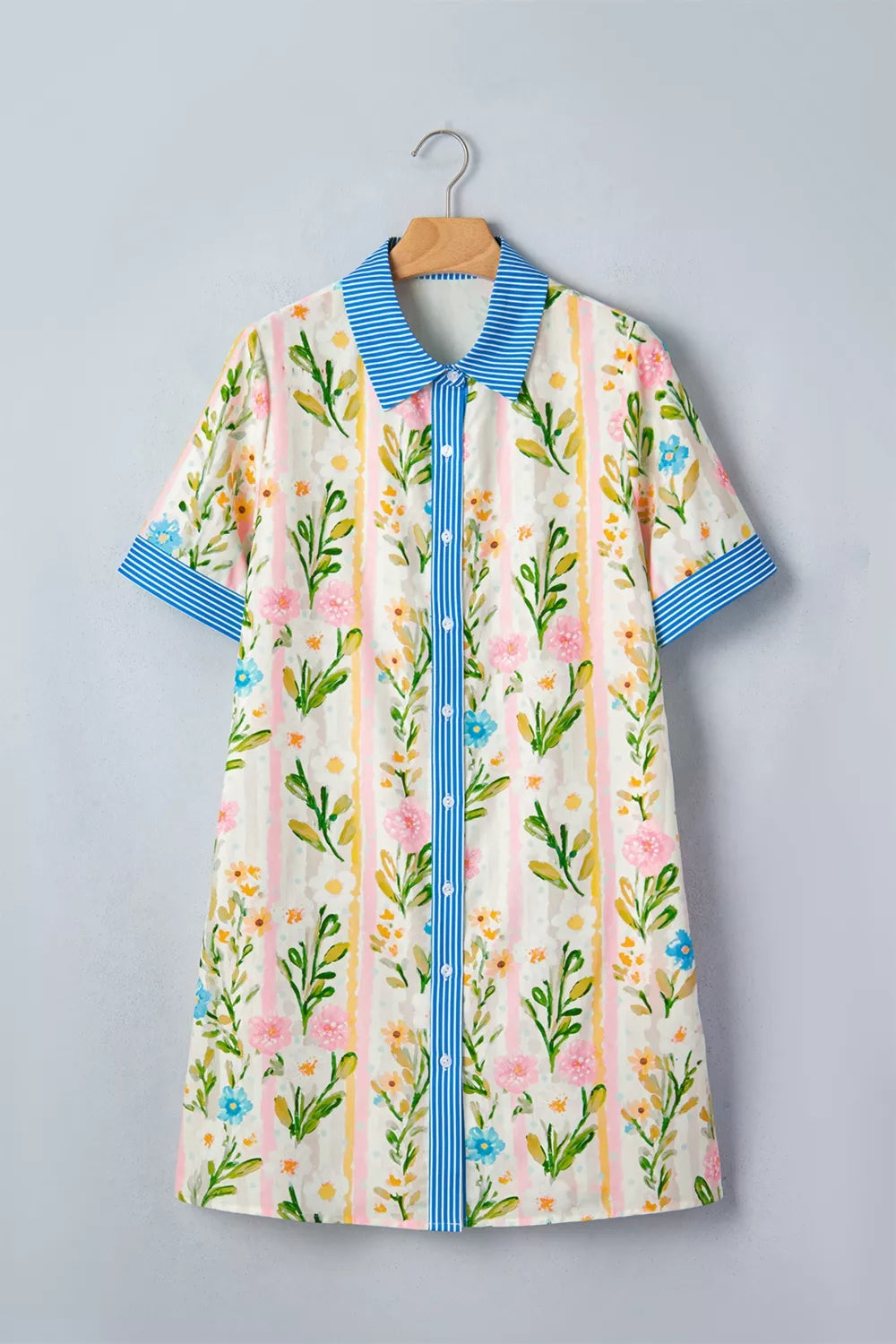 Floral print shift dress with button-down front, striped collar and cuffs.