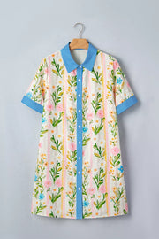 Floral print shift dress with button-down front, striped collar and cuffs.