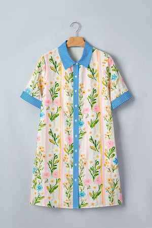 Floral print shift dress with button-down front, striped collar and cuffs.