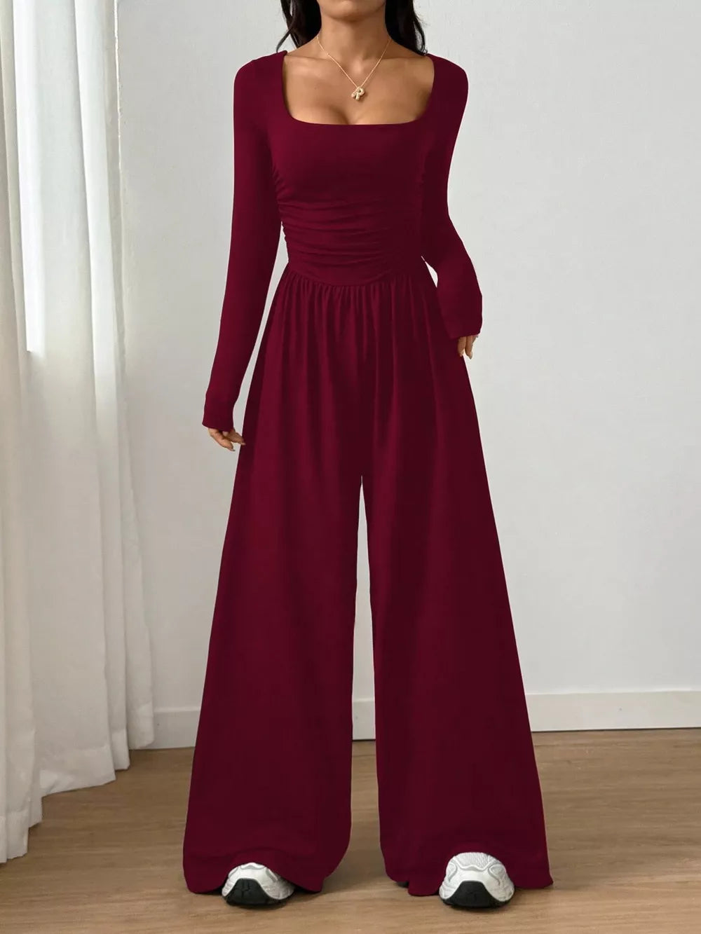 Ruched Square Neck Wide-leg Jumpsuit in Brown, view 16