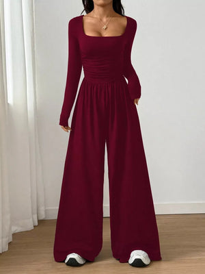 Ruched Square Neck Wide-leg Jumpsuit in Brown, view 16