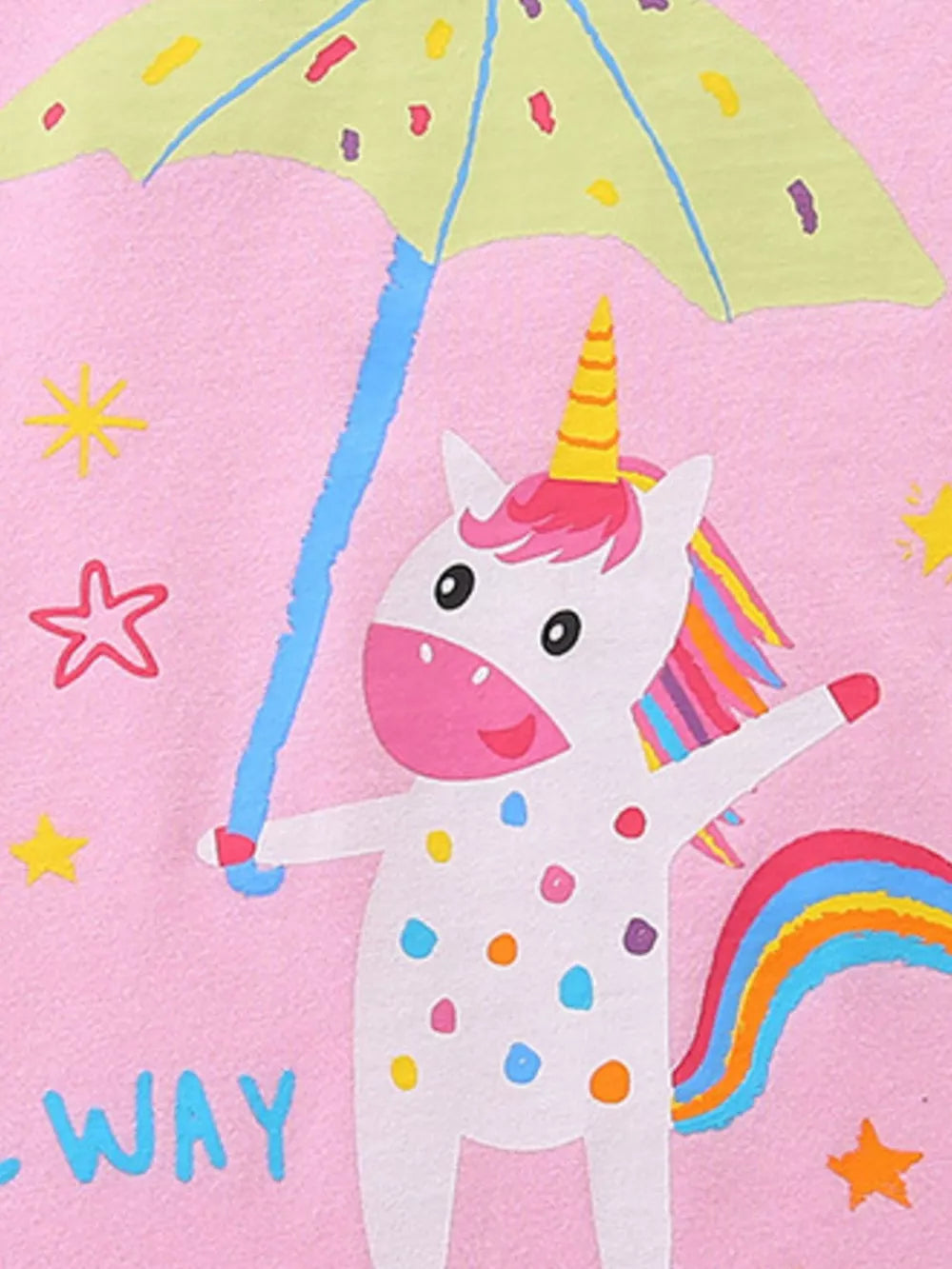 Toddler pink cotton pajama top with a white unicorn holding a yellow umbrella and rainbow tail.