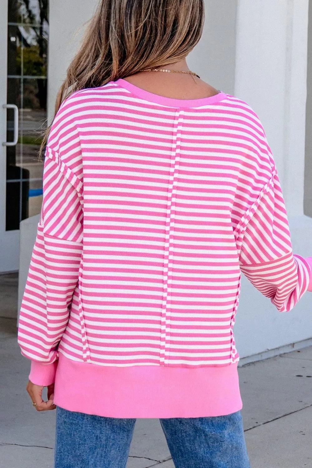 Stripe Textured Knit Color Block Long Sleeve Top in Blush Pink, editorial view