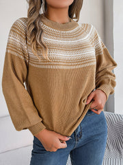 Tan knit sweater with geometric yoke pattern, crew neck, and balloon sleeves.