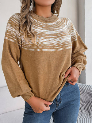 Tan knit sweater with geometric yoke pattern, crew neck, and balloon sleeves.