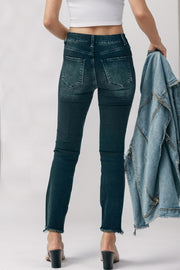 Black high-rise jeans with faded wash and raw hem detail.