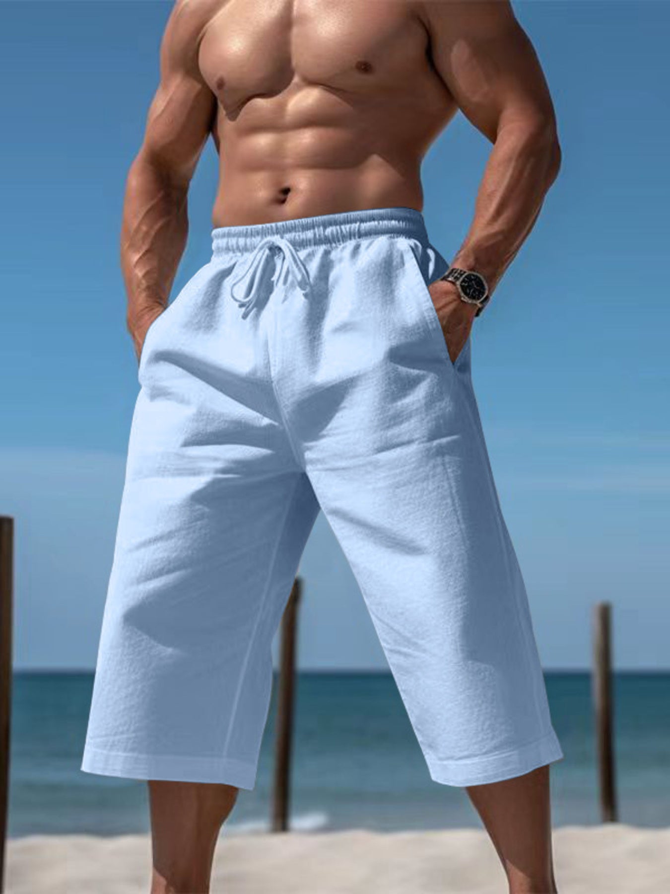 Light blue relaxed fit drawstring cropped sweatpants with pockets