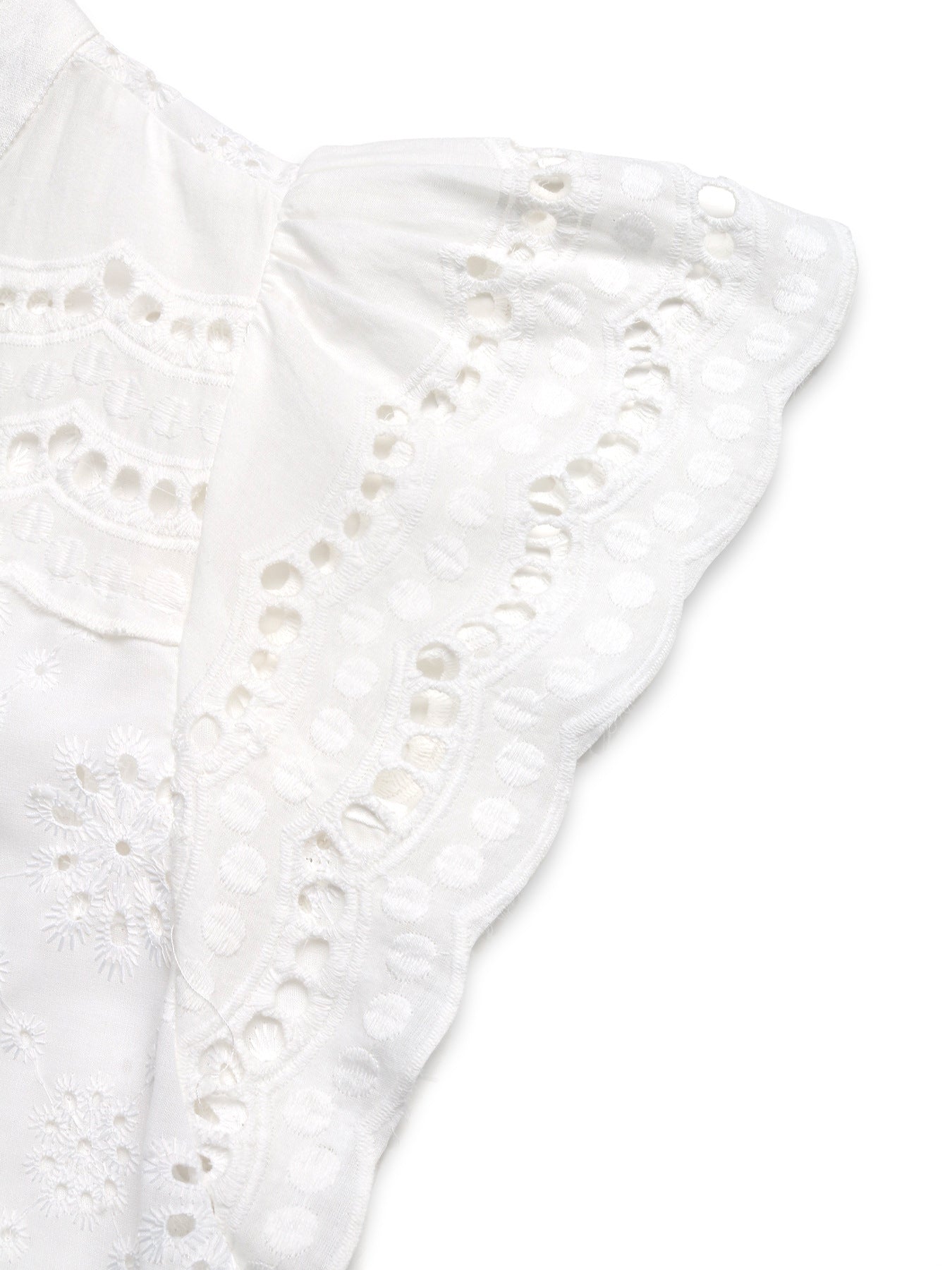White eyelet embroidered maternity overshirt with scalloped sleeve detail and floral embroidery.