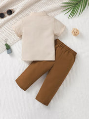 Baby boys' beige short sleeve collared shirt and brown pants set