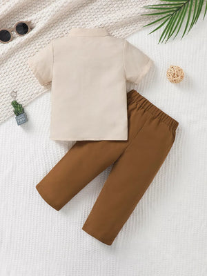 Baby boys' beige short sleeve collared shirt and brown pants set