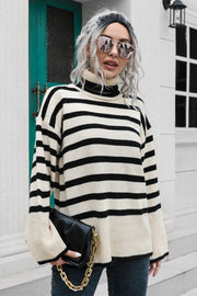Beige acrylic striped turtleneck sweater with wide bell sleeves and black trim