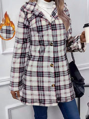 Plaid hooded trench coat with button detail and a white turtleneck.