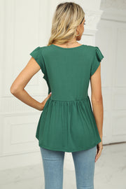 Mid Green ribbed flutter sleeve empire waist blouse with a peplum hem.