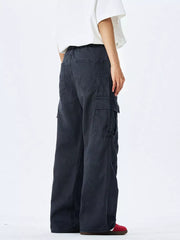 Men's dark gray 100% cotton wide-leg cargo pants with multiple pockets.