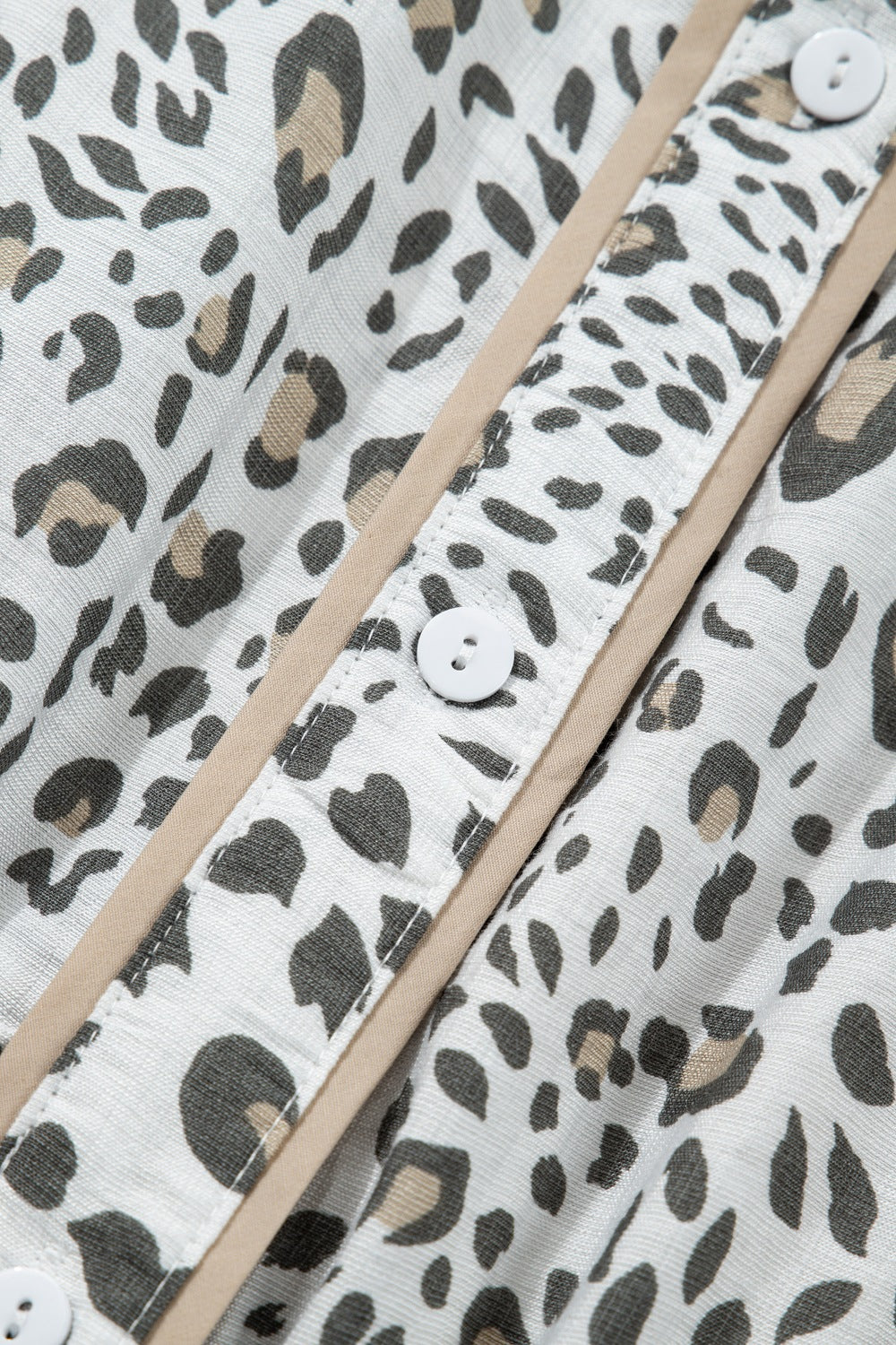 Print Button-down Midi Dress with leopard print, white, beige trim, and white buttons.