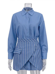 Striped Buttoned Shirt And Mini Skirt Set in Dusty Blue, close-up detail